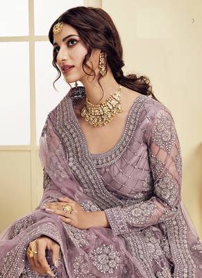 Wine embroidered net semi stitched lehenga 2