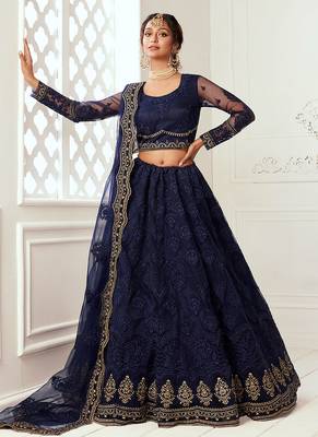 Blue embroidered net semi stitched lehenga 1