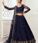 Blue embroidered net semi stitched lehenga