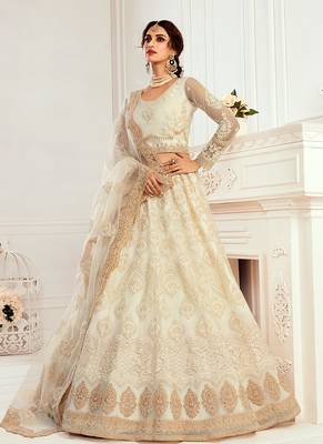 White embroidered net semi stitched lehenga 1
