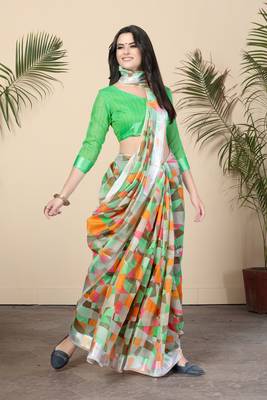Green printed cotton silk saree with blouse 1