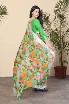 Green printed cotton silk saree with blouse 2