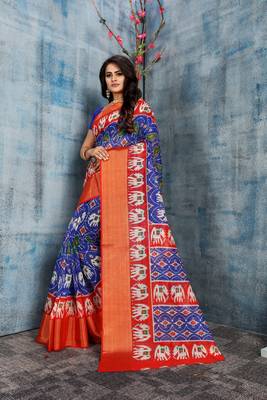 Royal blue printed cotton silk saree with blouse 1