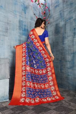 Royal blue printed cotton silk saree with blouse 2