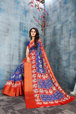 Royal blue printed cotton silk saree with blouse 3
