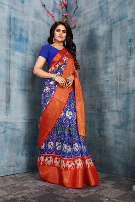 Royal blue printed cotton silk saree with blouse 4