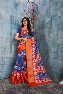 Royal blue printed cotton silk saree with blouse 5