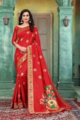 Red woven banarasi silk saree with blouse 1