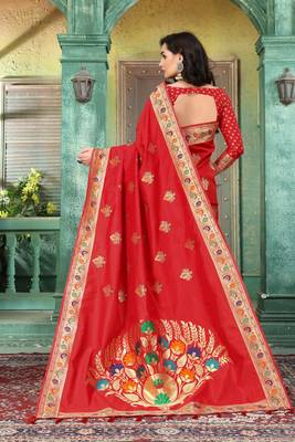 Red woven banarasi silk saree with blouse 3
