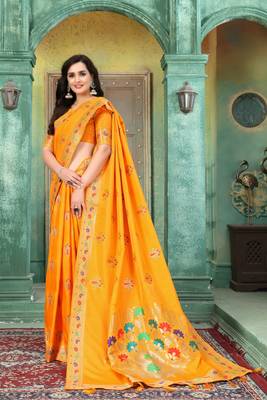 Yellow woven banarasi silk saree with blouse 2