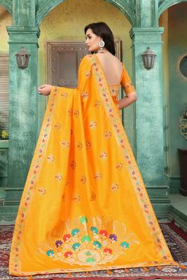 Yellow woven banarasi silk saree with blouse 3