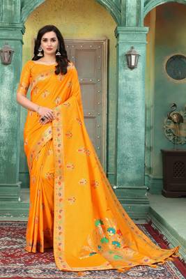 Yellow woven banarasi silk saree with blouse 1