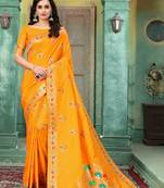 Yellow woven banarasi silk saree with blouse