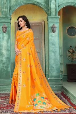 Yellow woven banarasi silk saree with blouse 4