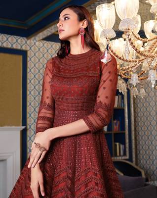 Red embroidered net salwar 3