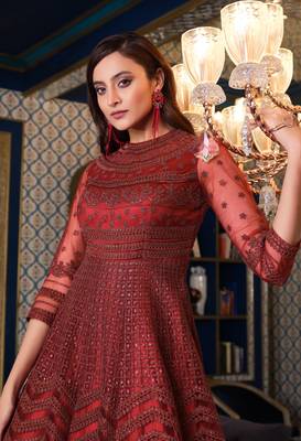 Red embroidered net salwar 4