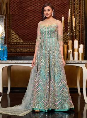 Sky-blue embroidered net salwar 1