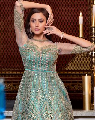 Sky-blue embroidered net salwar 4