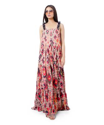 PS Pret by Payal Singhal Eman Red Colour Printed Art Georgette Long Tiered Dress 1
