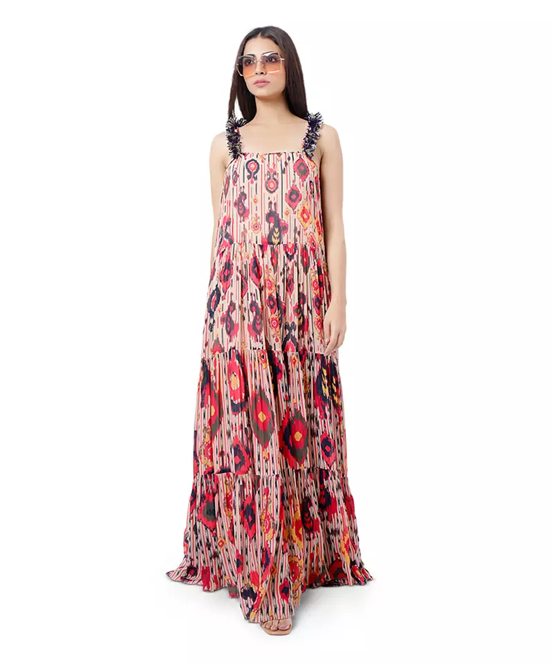 Eman Red Colour Printed Art Georgette Long Tiered Dress
