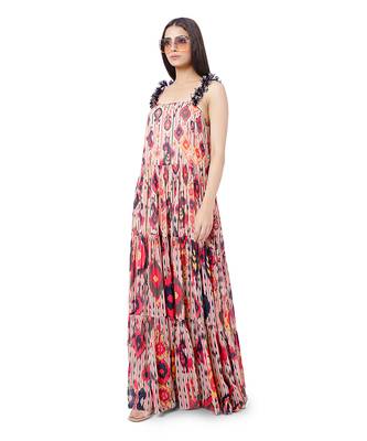 PS Pret by Payal Singhal Eman Red Colour Printed Art Georgette Long Tiered Dress 2