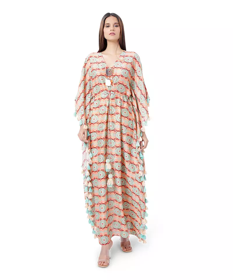 Coral Colour Printed Silkmul Kaftaan