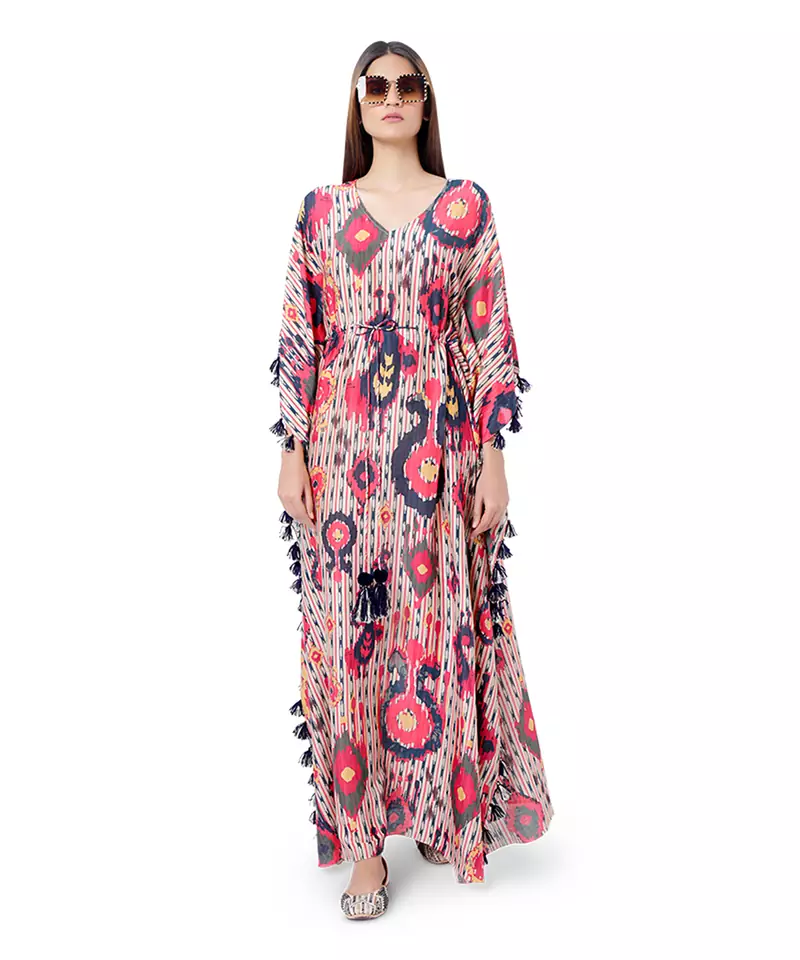 Red Colour Printed Silkmul Kaftaan