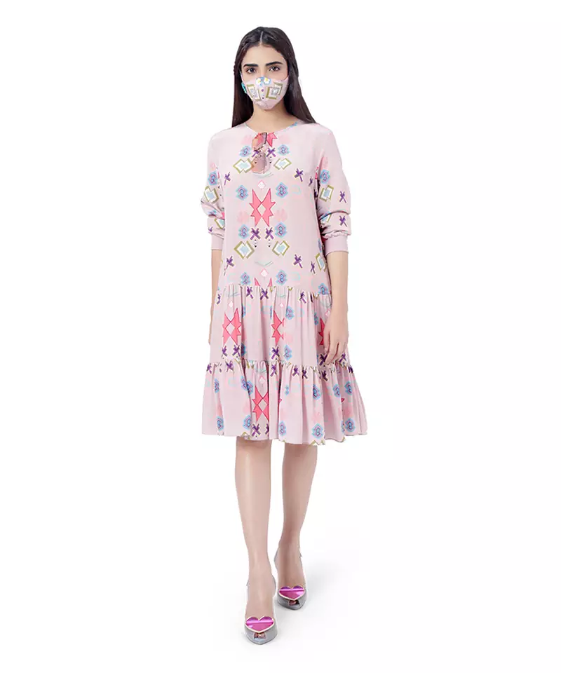 Pink Colour Printed Crepe Frill Hem Tunic