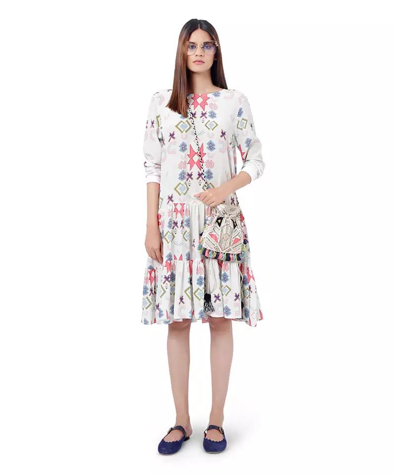White Colour Printed Crepe Frill Hem Tunic