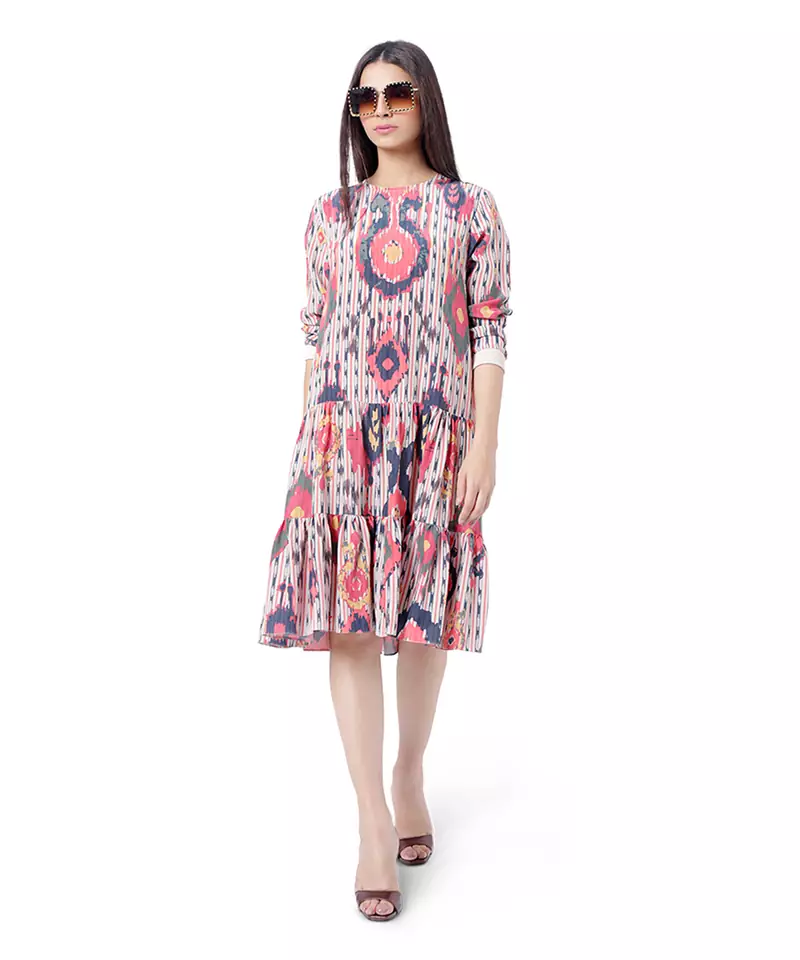 Red Colour Printed Crepe Frill Hem Tunic