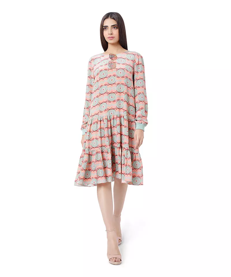 Coral Colour Printed Crepe Frill Hem Tunic