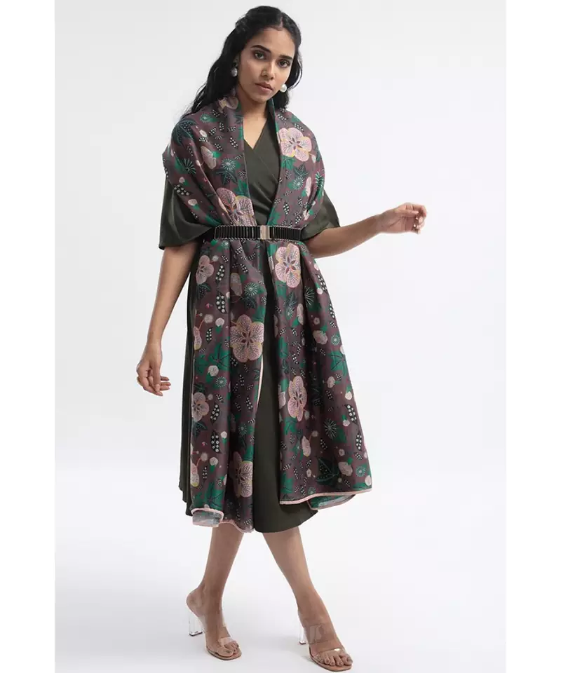 Brown Abutilon Print Silkmul Full Width Scarf