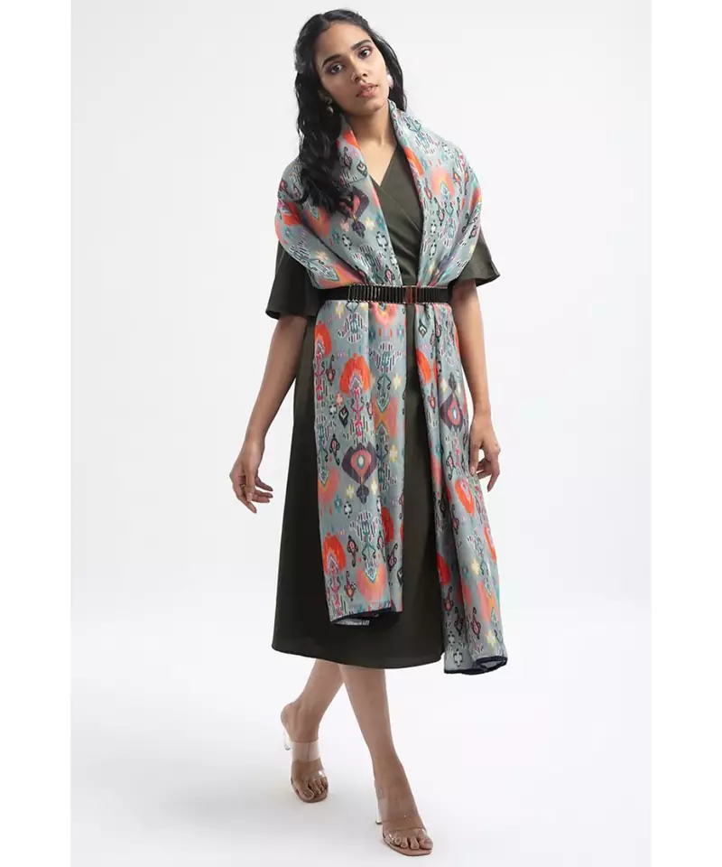 Blue Ikat Garden Print Silkmul Full Width Scarf