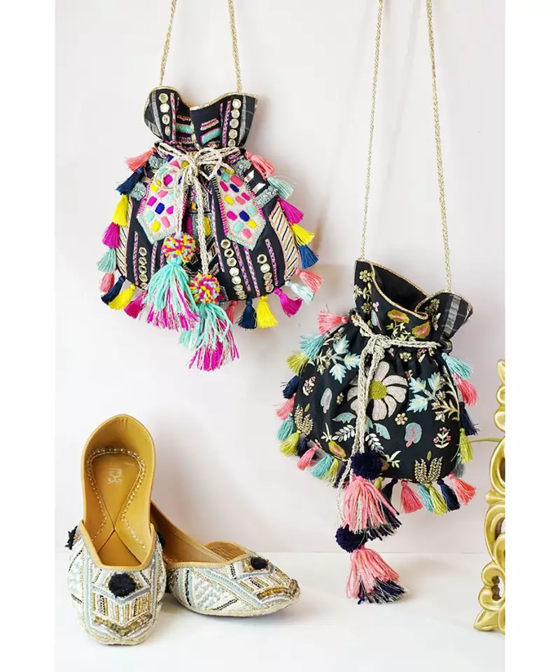 Black colour Tulip Garden Embroidered Sling Potli Bag