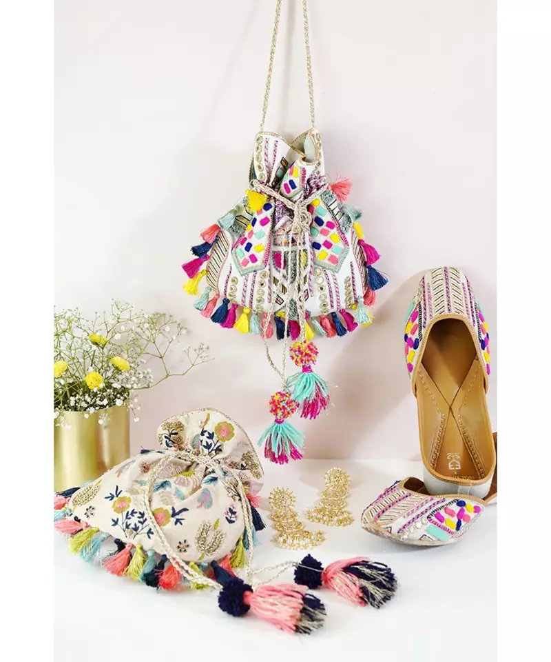 Offwhite Crepe Kutch Embroidered Sling Potli Bag