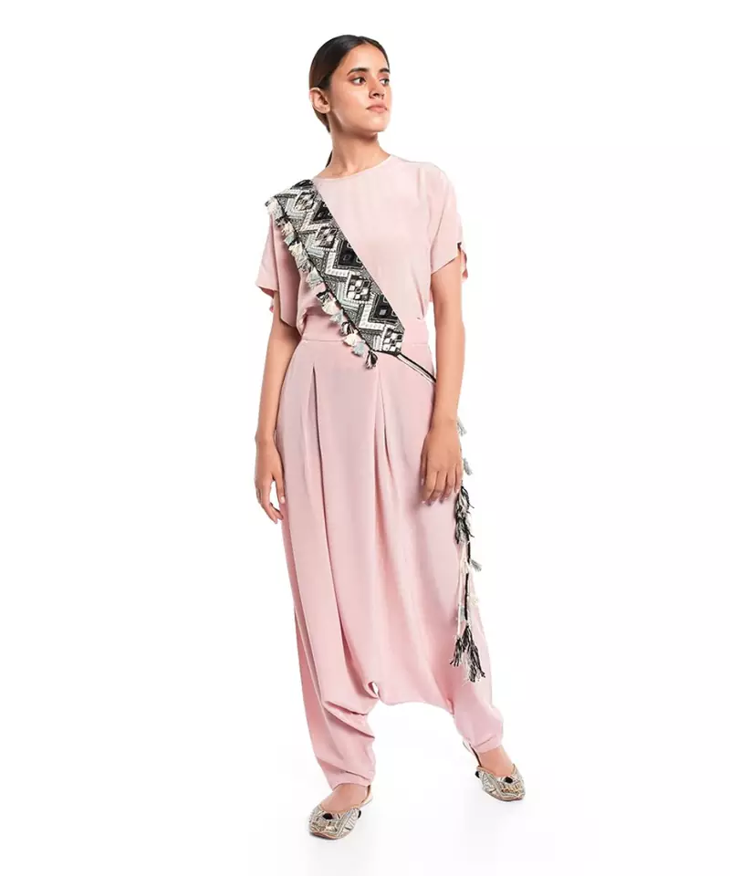 Black Dupion Silk Geometric Embroidered Tie- Up Belt with Colourful Tassels