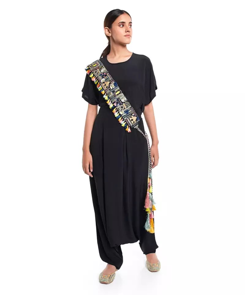 Black Dupion Silk Istanbul Embroidered Tie- Up Belt with Colourful Tassels