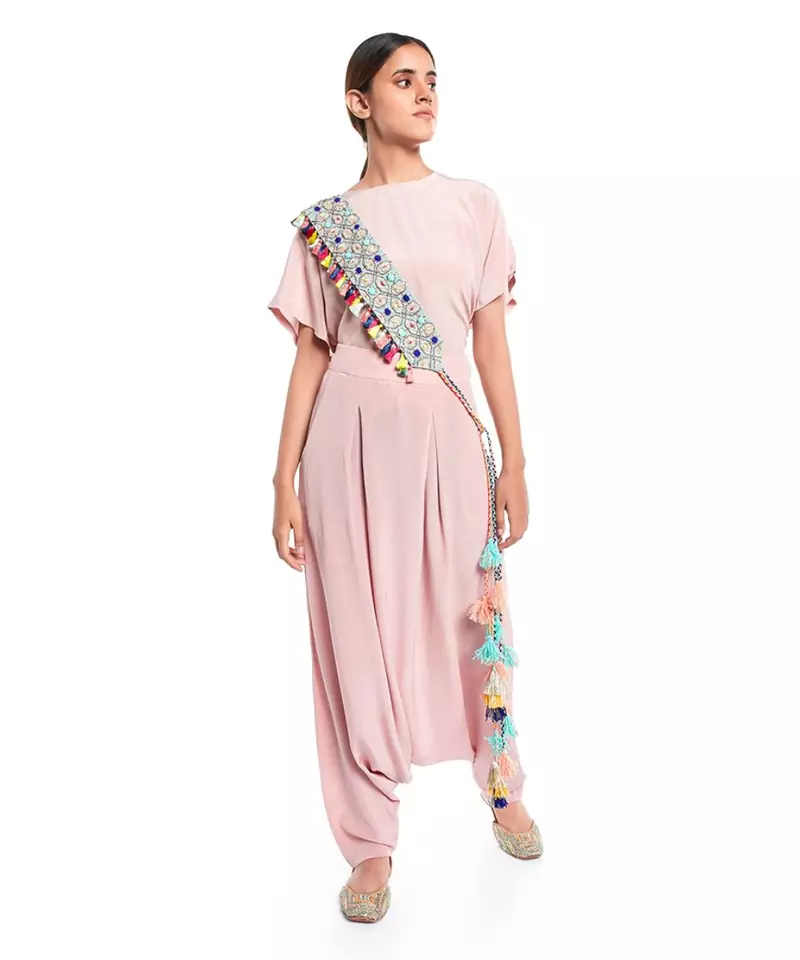 Pale Blue Crepe Gota Oggee Embroidered Tie- Up Belt with Colourful Tassels