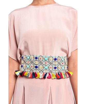 Payal Singhal Pale Blue Crepe Gota Oggee Embroidered Tie- Up Belt with Colourful Tassels 2