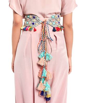 Payal Singhal Pale Blue Crepe Gota Oggee Embroidered Tie- Up Belt with Colourful Tassels 3