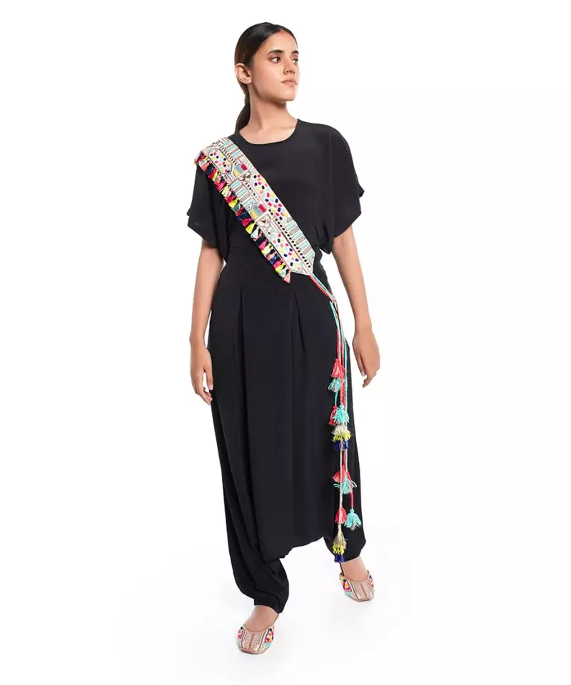 Cream Crepe Kutch Embroidered Tie- Up Belt with Colourful Tassels