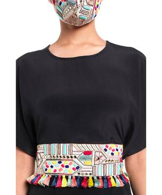Payal Singhal Cream Crepe Kutch Embroidered Tie- Up Belt with Colourful Tassels 2