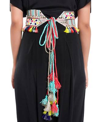 Payal Singhal Cream Crepe Kutch Embroidered Tie- Up Belt with Colourful Tassels 3