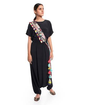 Payal Singhal Black Dupion Silk Kutch Embroidered Tie-Up Belt with Colourful Tassels 1