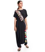 Payal Singhal Black Dupion Silk Kutch Embroidered Tie-Up Belt with Colourful Tassels