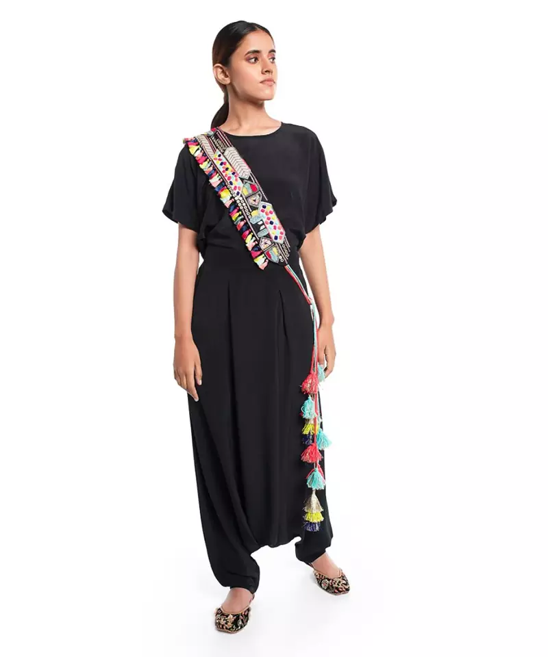 Black Dupion Silk Kutch Embroidered Tie-Up Belt with Colourful Tassels