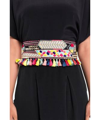 Payal Singhal Black Dupion Silk Kutch Embroidered Tie-Up Belt with Colourful Tassels 2