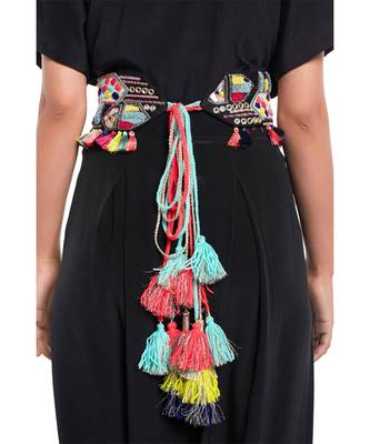 Payal Singhal Black Dupion Silk Kutch Embroidered Tie-Up Belt with Colourful Tassels 3