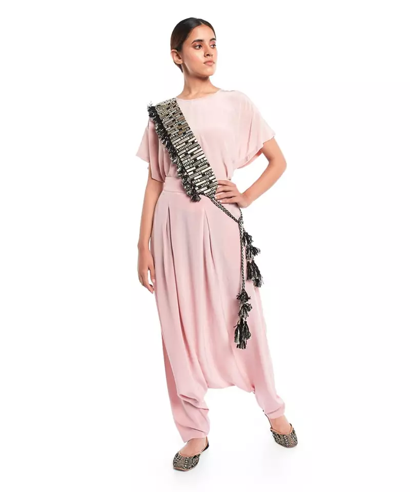 Black Dupion Silk Dash Embroidered Tie- Up Belt with Tassels