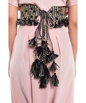Payal Singhal Black Dupion Silk Dash Embroidered Tie- Up Belt with Tassels 3